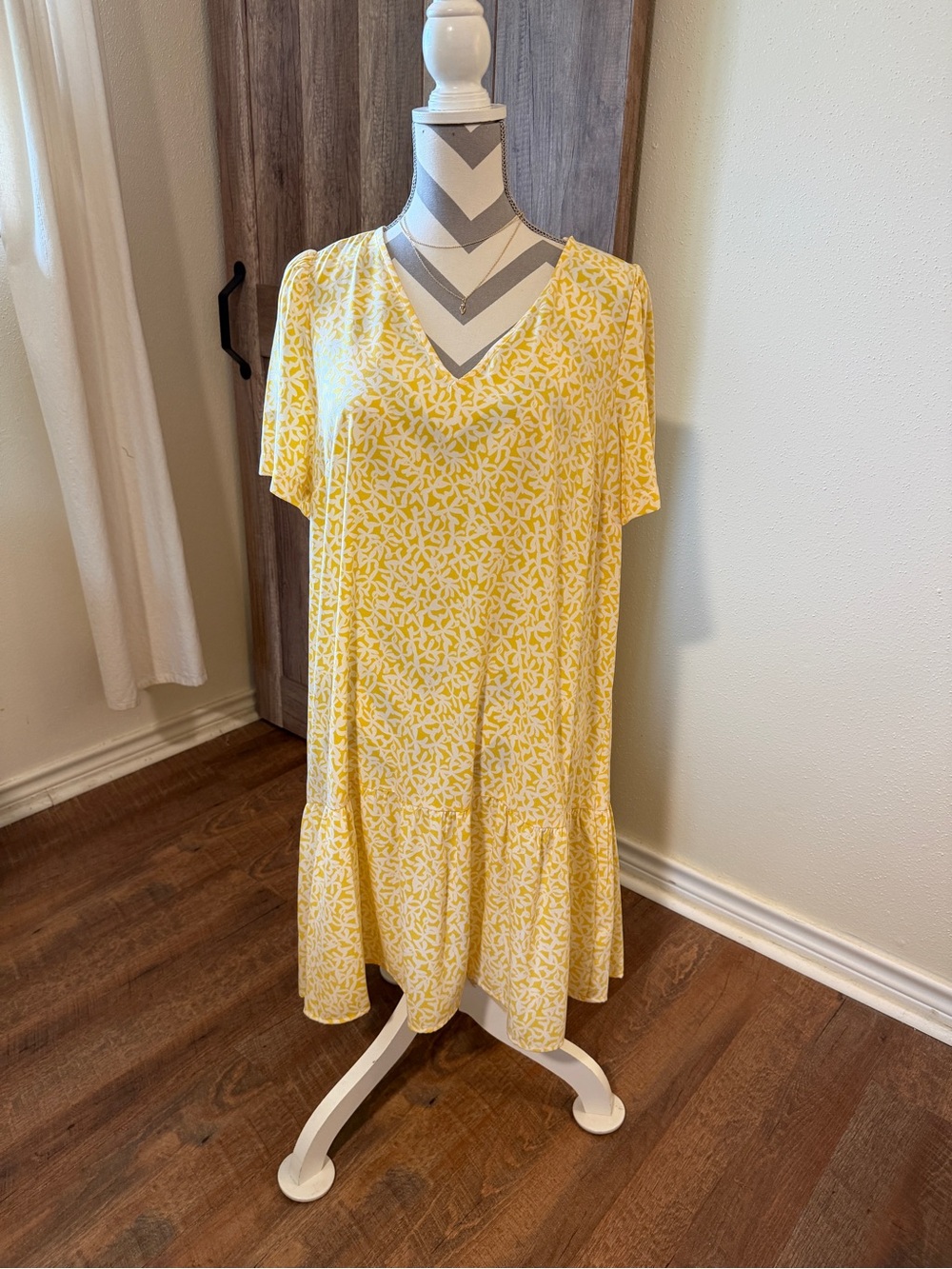 Yellow abstract Floral Swing Dress large Ruffle Hem Babydoll Tunic Midi Flowy